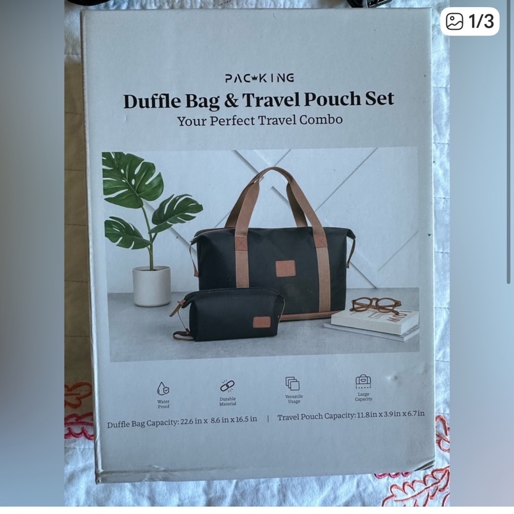 ✈️ Black Brown Duffle Bag Travel Set Weekender + Pouch NWT